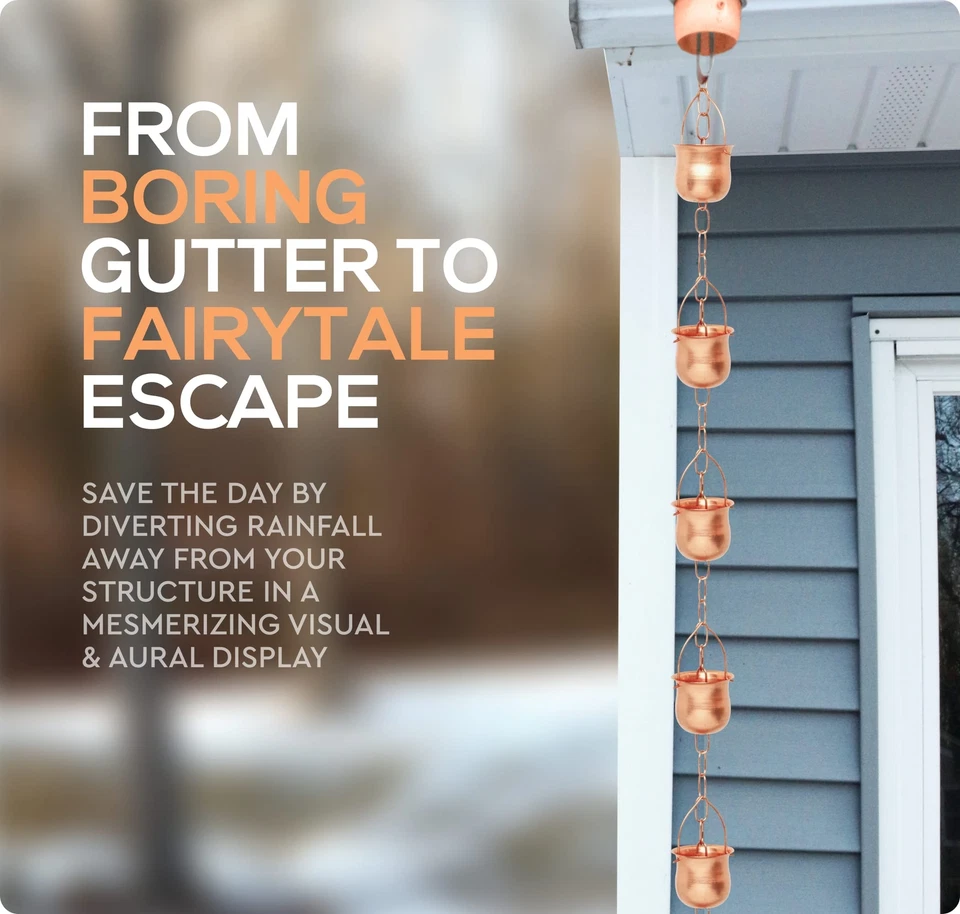 Cadena de lluvia de cobre Marrgon campanas y tazas decorativas fuente 8,5’ estilo olla larga Foto 4 de 4