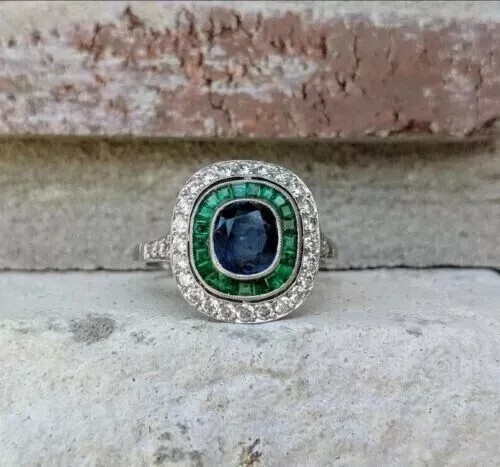 Anillo de compromiso estilo Art Deco creado en laboratorio diamantes y esmeraldas de oro blanco de 14 k FN - Imagen 2 de 6