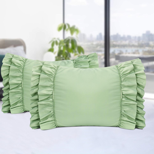 Pack of 2 Chic Ruffle Pillow Shams, Queen Size Sage French Country Style Vintage - Picture 9 of 12