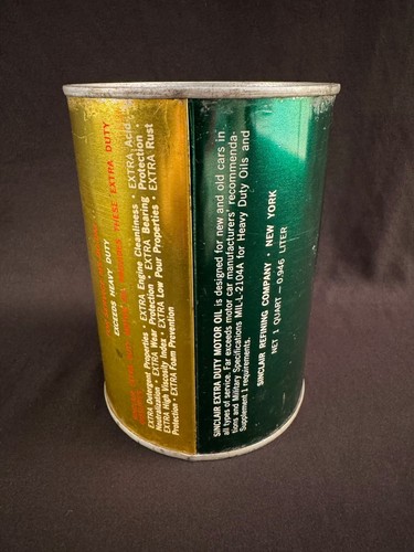 VINTAGE NOS SINCLAIR EXTRA DUTY MOTOR OIL 1 QUART FULL METAL OIL CAN DINO - Picture 3 of 6