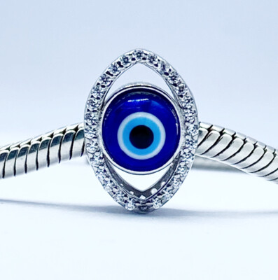 Lucky Hamsa Charm Bead Evil Eye Cubic Zirconia Genuine 925 Sterling Silver  