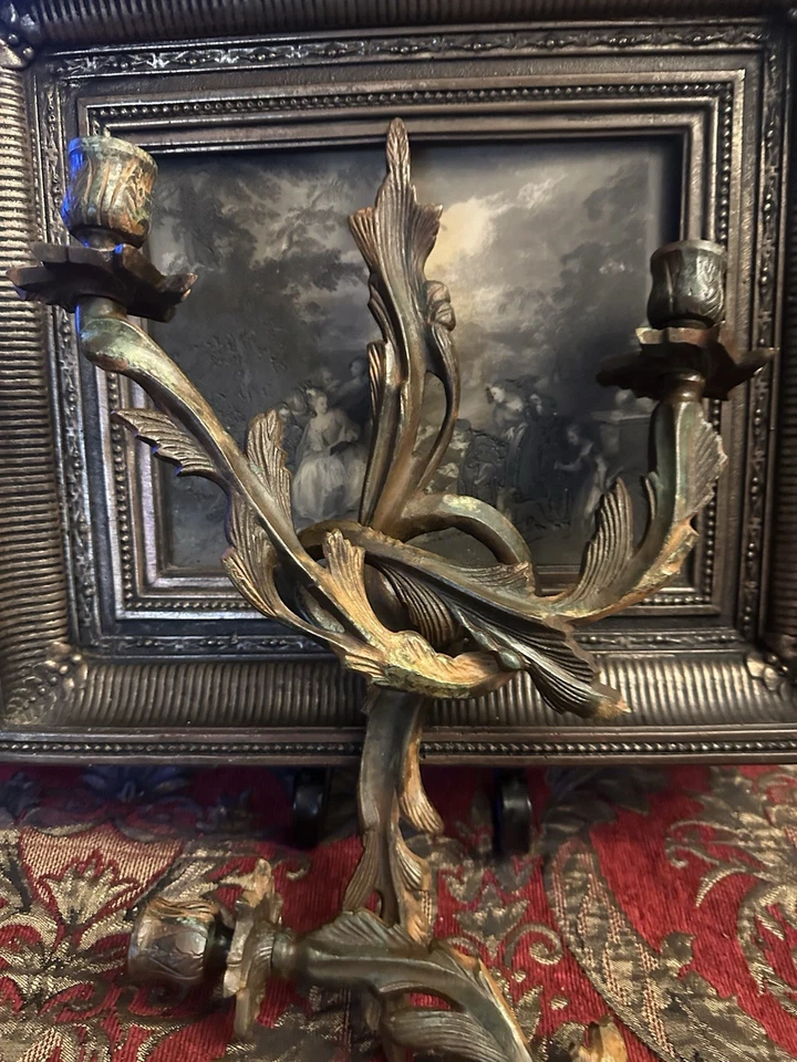 French Louis XVI Style bronze Double Arm Wall Sconce Candle Holder heavy - Image 3 of 4