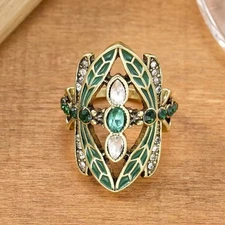 Art Deco Style Dragonfly Statement Ring Green Enamel Zircon Gold Tone Size 7