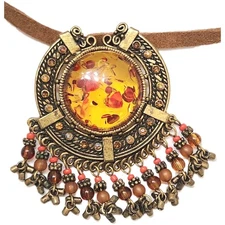 A+ VTG INDIAN TRIBE SIGNED ORANGE AMBER BEAD GOLD MEDALLION BROWN SUEDE NECKLACE