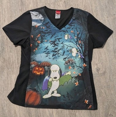 Cherokee Tooniforms Black Halloween Scrub Top M Vampire Snoopy Pumpkin Patch