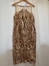 Adrianna Papell Women Gold Sequined Knee-Length Sheath Dress Sheer Lined 14