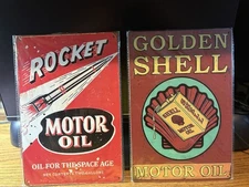 ROCKET+GOLDEN SHELL MOTOR OIL METAL SIGNS 8x12” NIP FOR MANCAVE-SHOP-GARAGE ETC