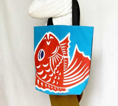 Japanese Tairyo-Bata Canvas Tote Bag Big-Catch Fishermans Flag Red Snapper Fish