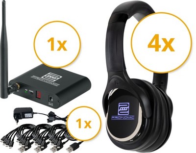 Silent Disco USB-C V2 Komplett-Set für 4 Gäste, leiser Partyspaß mit Beleuchtung