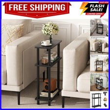 Small Narrow Side Table, 3-Tier Skinny End Table with Storage Shelf, Slim Nig...