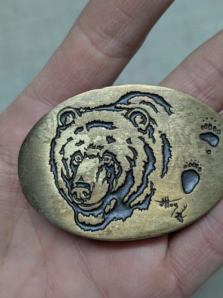 De colección GRIZZLY BEAR Hebilla de Cinturón BRONCE Vaquero Años 70 Western BITTERROOT Latón Foto 2 de 4