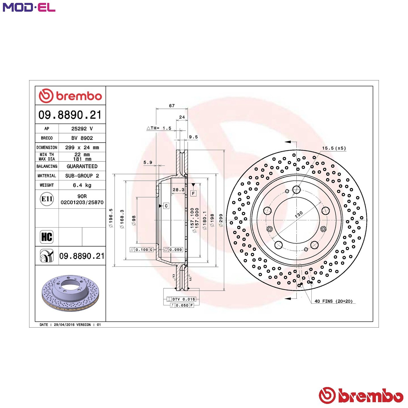 2x BRAKE DISC 09.8890.21 FOR PORSCHE M96.26/24/21 3.2L M 97.21 3.4L 6cyl BOXSTER