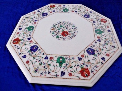 24'' White Marble Semi Precious Stone Table Top Inlay Handicraft Work