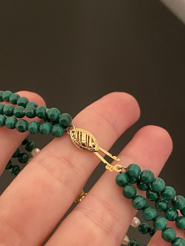 Lovely 14K Yellow Gold Malachite And Rice Pearl Bracelet, Size 7” - Picture 9 of 13
