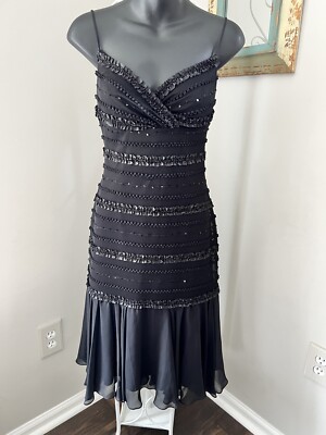 Tadashi Shoji Cocktail Dress Women's 6 Black Ruffle Sequin Lined V-Neck Vintage