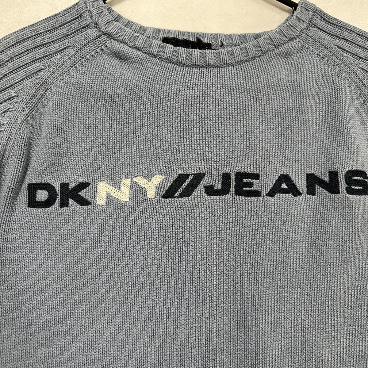 Vintage DKNY Jeans Sweater Blue Large Mens Ribbed Knit Spell