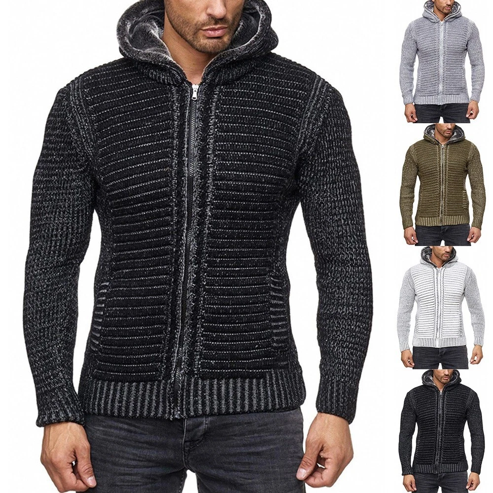 Mens Casual Loose Hooded Sweater Jacket Knitted Pocket Zip Slim Coats  Knitwear | eBay