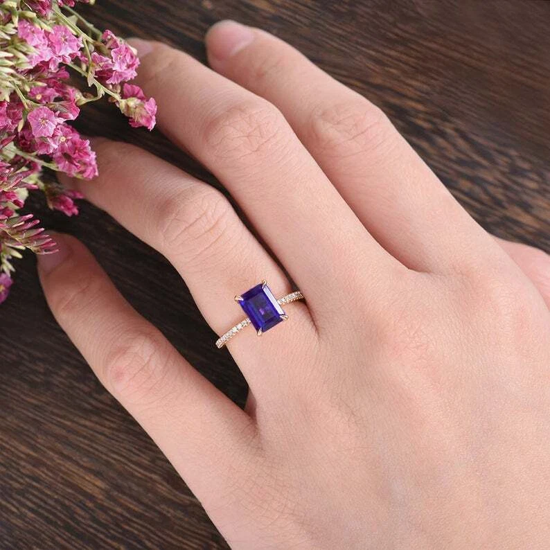 Anillo solitario de diamantes y amatista natural de 1,2 quilates con detalles de oro rosa sólido de 14 k Foto 3 de 4