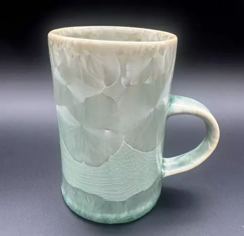 Vintage Art Pottery Green Crystalline Glaze Coffee Mug Tea Cup Signed 4.25"