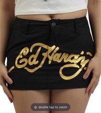 ED HARDY BLACK/MULTI LOVE KILLS SLOWLY COTTON TATTOO MINI SKIRT SIZE LARGE NWT