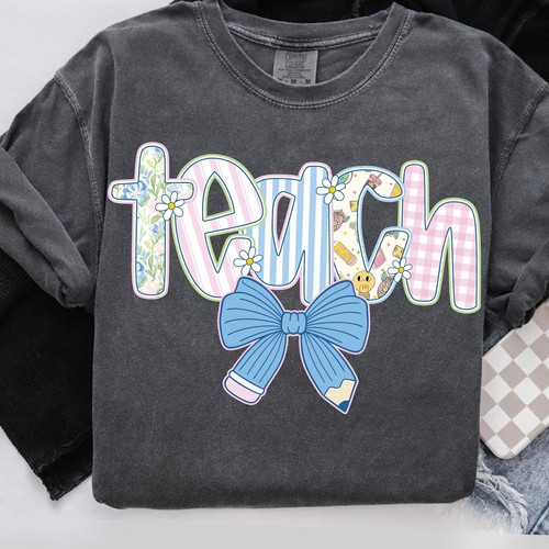 Preppy Teacher Floral T-Shirt,Teach,Custom Preppy Teacher, Pencil Bow, Checkered - Picture 5 of 8