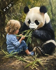 8x10 Matte Print Panda Eating Bamboo with Child Sitting Next - Nature Sc