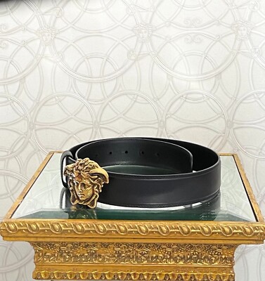 Black Leather Wide Belt Gold Sun Medallion Greek Key Accents ?medusa BLACK LEATHER 3D AGED GOLD MEDUSA MEDALLION Belt 85/34 | eBay main image 3