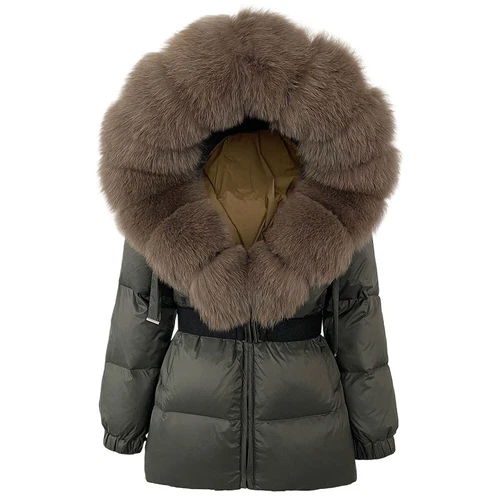 Winterjacke Damen echt Fuchspelz Kapuze dick warm weiß Entendaunenmantel - Bild 4 von 35
