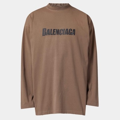 Balenciaga Unisex Beige Logo Print Oversized Long Sleeve TShirt M