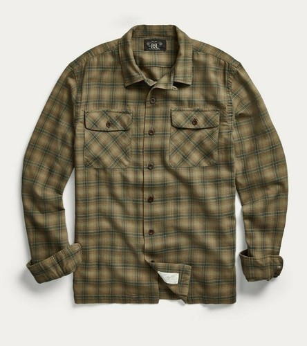 Neu RRL Ralph Lauren braunes Hemd kariert Arbeitshemd Flanell Herren Large L Camp