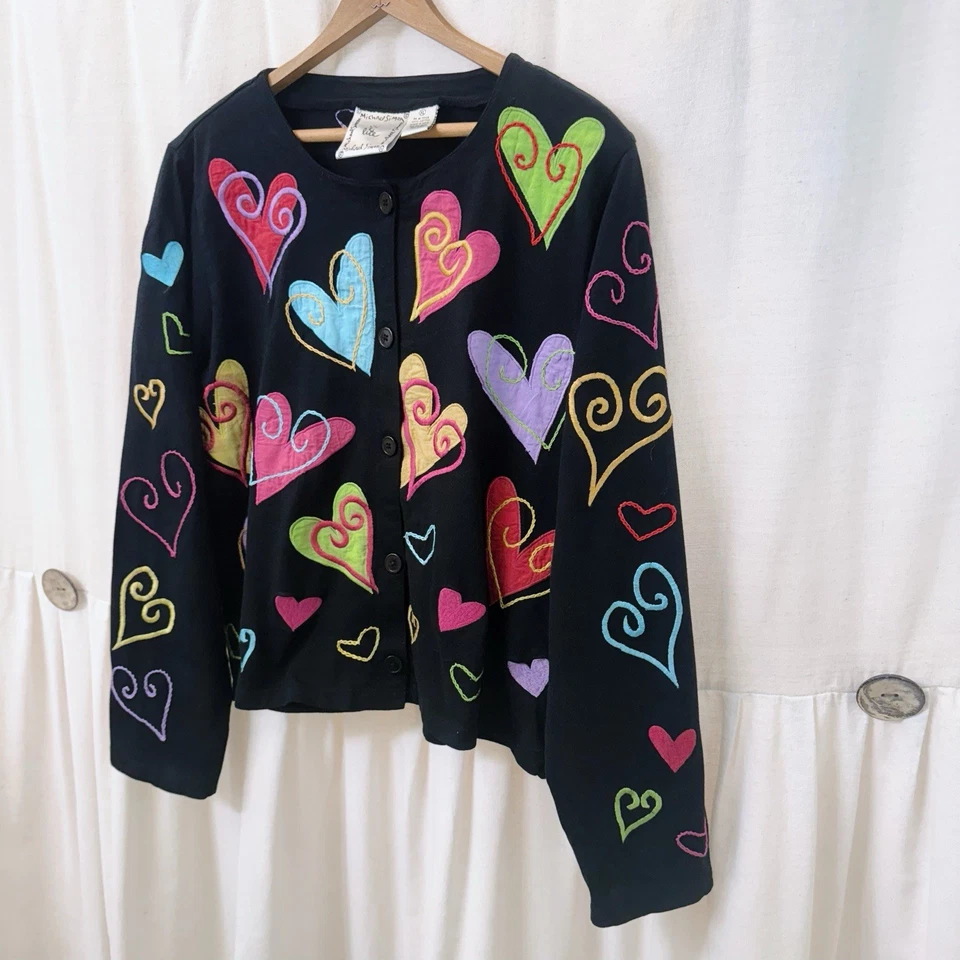 Cárdigan De Colección Michael Simon Lite Talla XL Apliques Corazón Negro Colorido Arco Iris Foto 3 de 4
