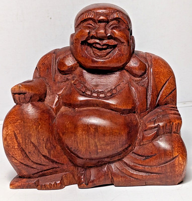 4'' Vtg Hand Carved Live Edge Wooden Laughing Buddha Figurine-Free Dom Shipping