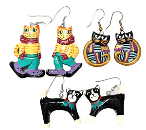 Lot of  3 Pairs of Cat Jewelry Dangle Earrings Hand Painted