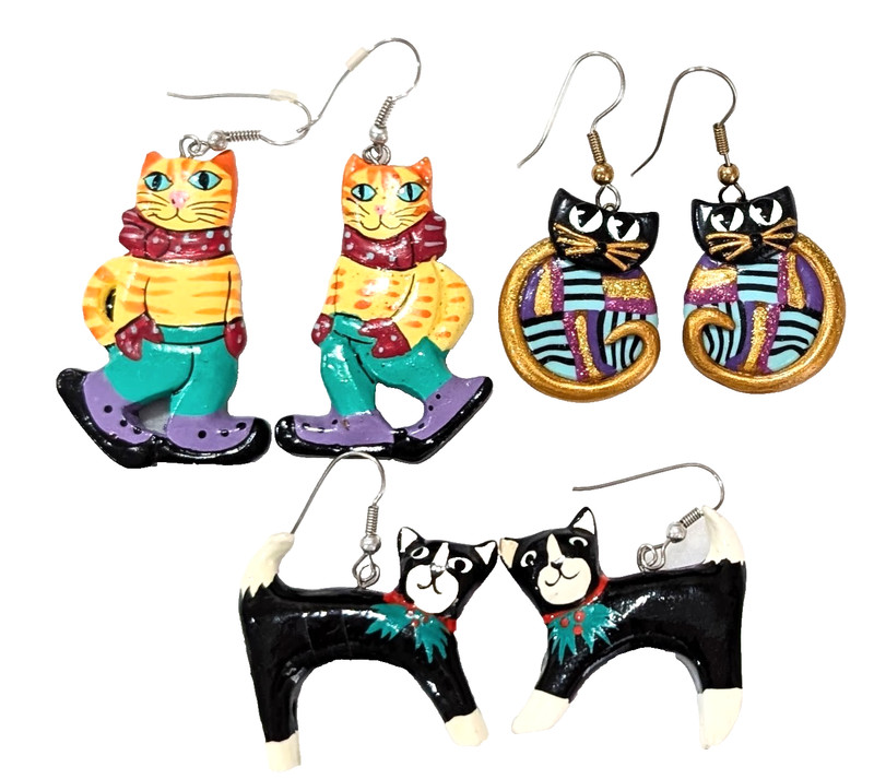 Lot of  3 Pairs of Cat Jewelry Dangle Earrings Hand Painted