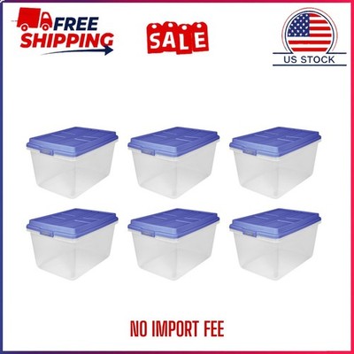 Hefty 72 Qt. Clear Plastic Storage Bin with Blue HI-RISE Lid, 6 Pack