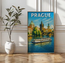 Prague Travel Poster, Vintage Czechoslovakia Wall Art Print of Charles Bridge