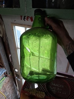 Large Vintage Green Glass 3 Liters Bottle with Handle