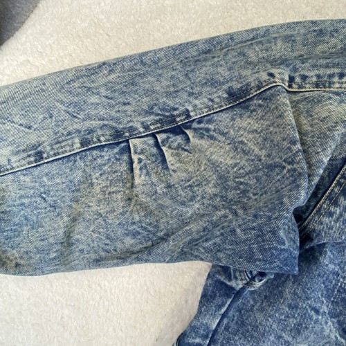 Vintage Blues Denim Jacket Acid Washed L Double Collar 80s Mallrat Leather Trim - Picture 20 of 21