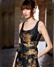 Peruvian Connection Linen Silk A- Line  US 4 Black Floral Print Faux Wrap W Belt