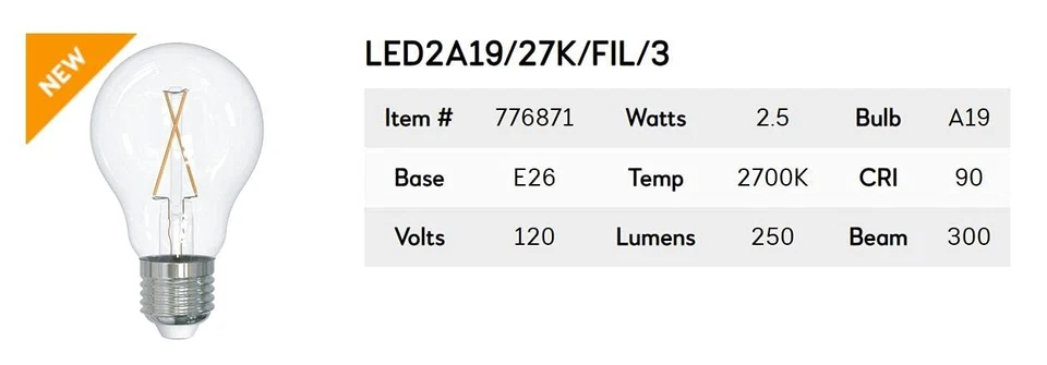 Bulbrite 776871, 2.5W LED Filament Light Bulb, Standard A19 Size and E26 Base - Image 2 of 2