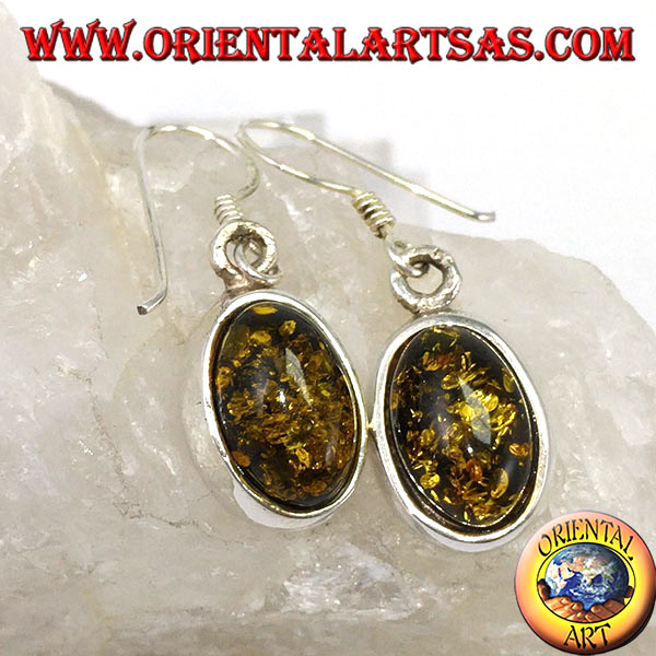 Orecchini pendenti in ambra verde, argento sterling placcato oro, fatti a mano - Italia