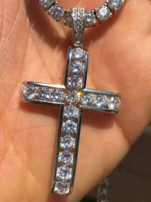4Ct Round Cut VVS1/D Diamond Cross Pendant 18K White Gold Finish Free Chain