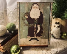 Primitive Folk Art, Santa with Wreath, Stocking Handcrafted Christmas Plaque  #8
