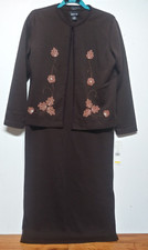NWT Vintage Leslie Fay Sweater Dress Brown Sz PM Applique-details 2 pc knit LS