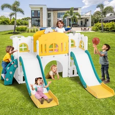 JOYLDIAS Double Slide Toddler Playground Kids Playset Gifts w/ Climber,BallHoop