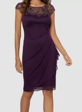 Xscape Women's Purple Beaded Ruched Cap Sleeve Sheath Dress Size 14