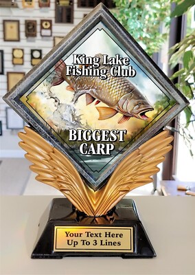 CARP FISHING TROPHY RESIN DIAMOND 7'' TALL FREE TEXT P~55407GS SMALL AWARD #
