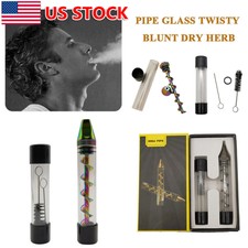 Glass Mini Tube Twisty Blunt Smoking Pipe Blunt Metal Tip w/ Cleaning Brush