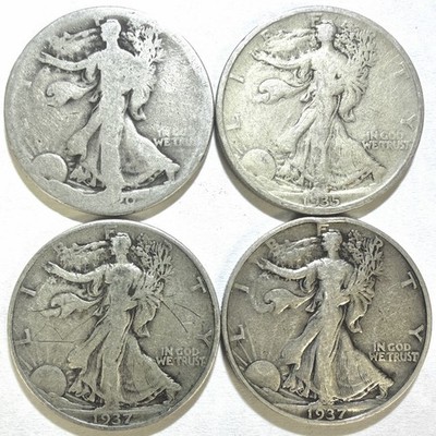90% SILVER Walking Liberty Half Dollars 1920-1937 Cull Lot of 4 Coins $2 Face