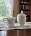 Fenton Hobnail Milk Glass Creamer & Lidded Sugar Bowl Set White Vintage